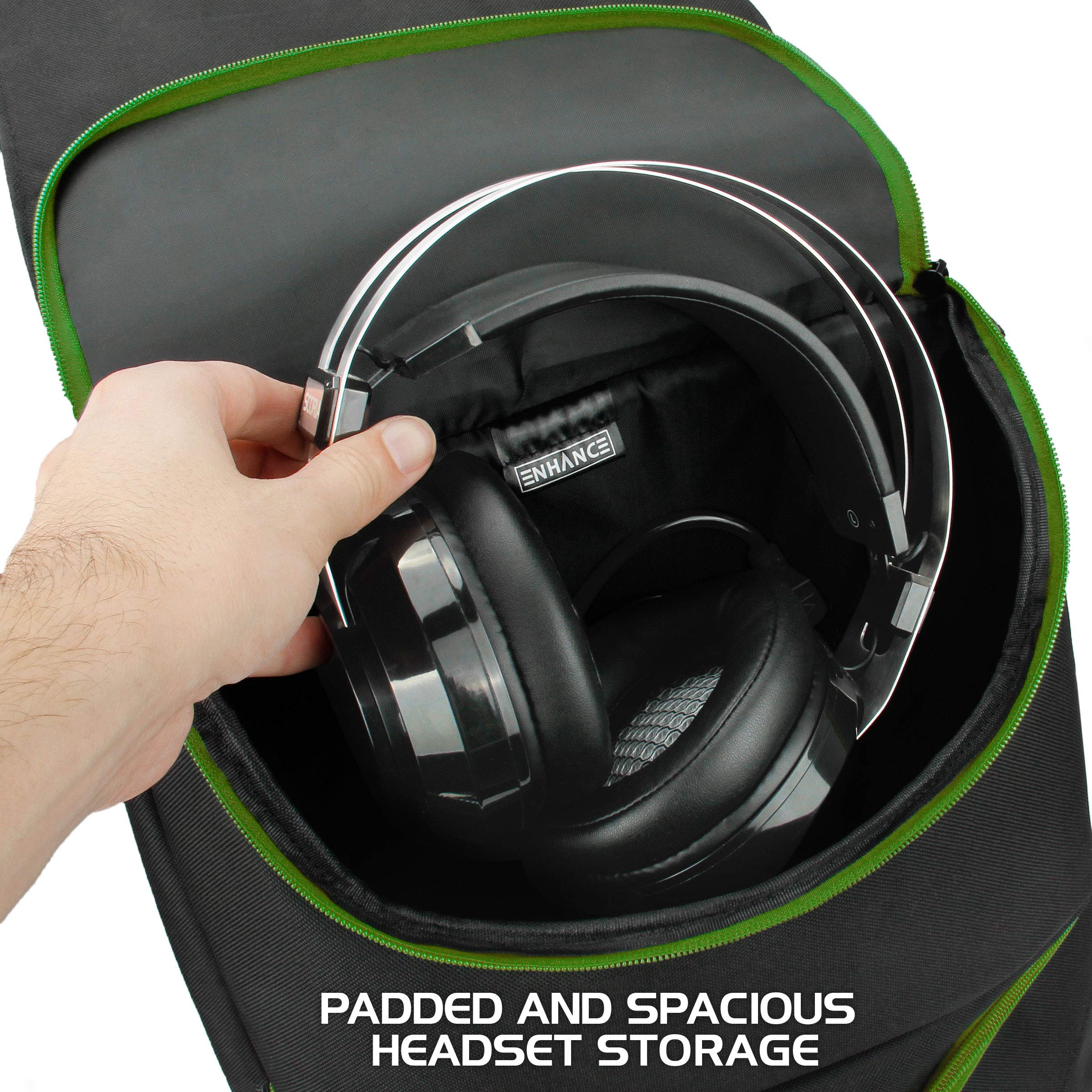 ENHANCE Xbox Backpack - Xbox Carrying Case Compatible with Series S, One X, One S - Storage Compartments for Controllers, Gaming Headset, Games & More Gaming Accessories - Green