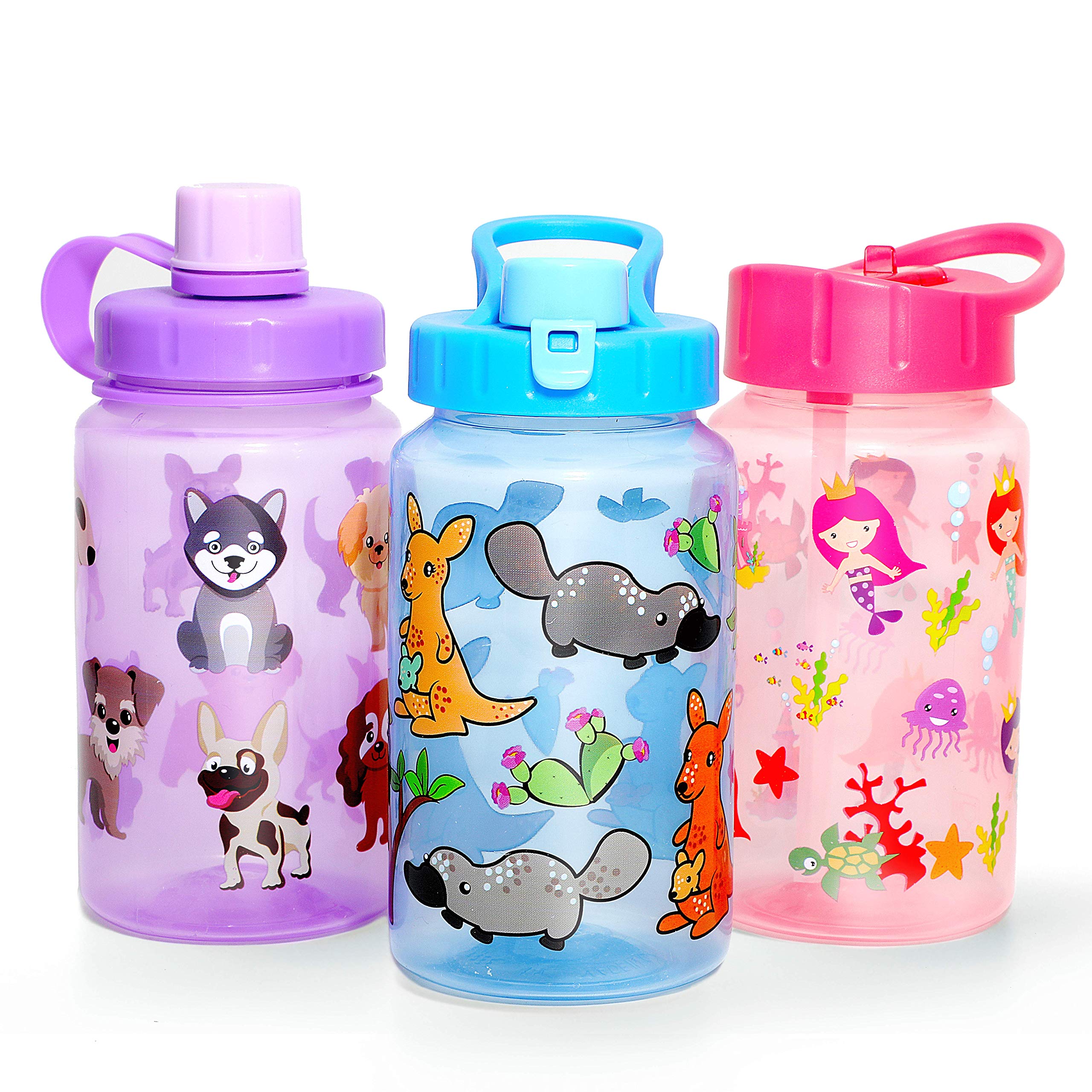Home Tune Kids Water Drinking Bottle 470ml BPA Free, Flip Straw Cap, Carry Loop, Chug Lid, Wide Mouth, Lightweight, Leak-Proof with Cute Design For Girls & Boys - 3 Pack Mermaid & Animals