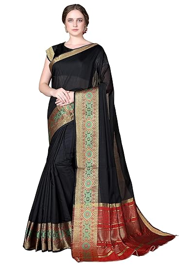 Cotton Shopy Womens Kanjivaram Silk Cotton Blend Sarees with Blouse Piece (Cott-2024_Black)
