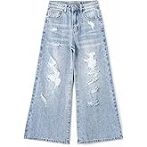 KIDSCOOL SPACE Girls Slim Flare Jeans,Little Big Girl Ripped Wide Leg Soft Denim Pants