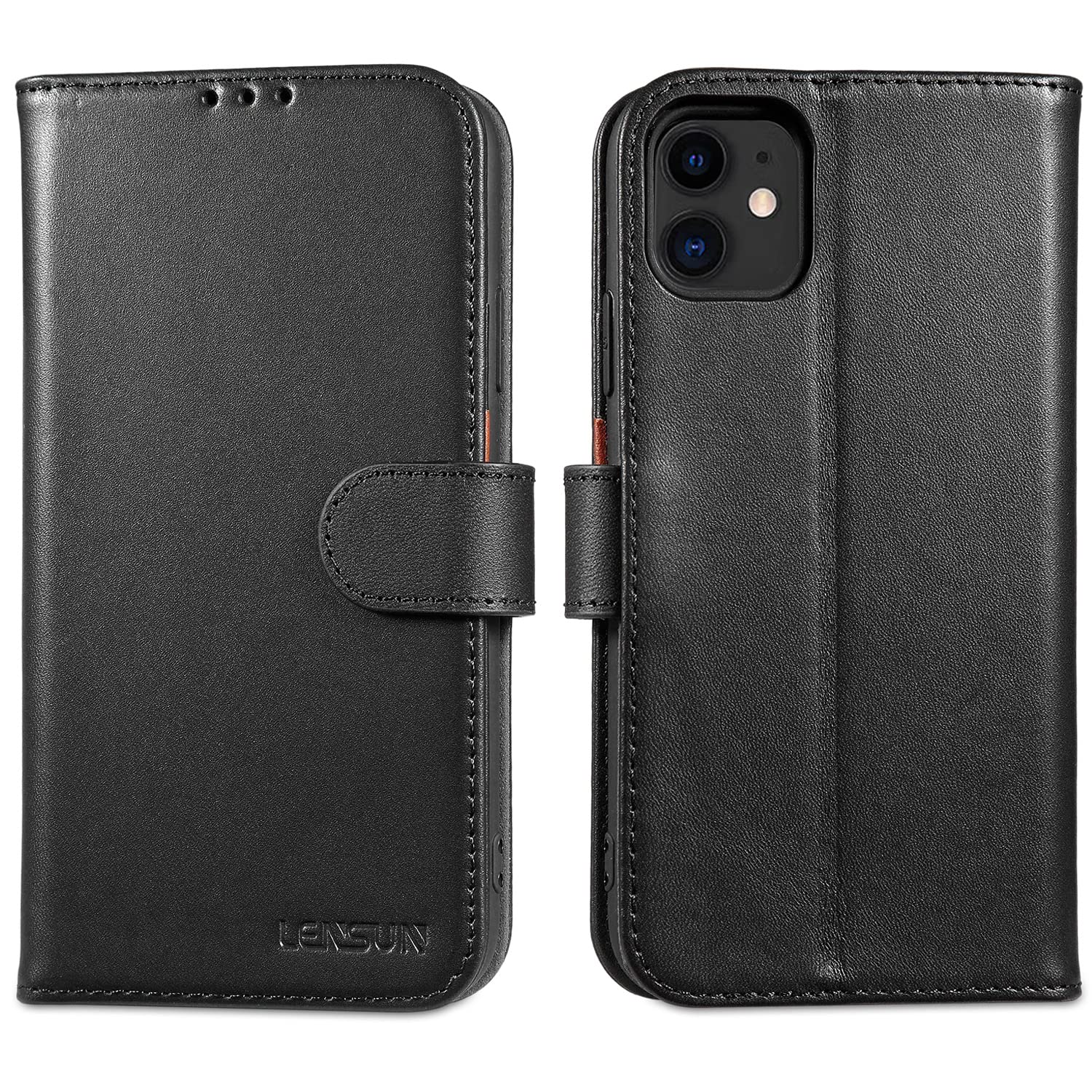 LENSUN Case for iPhone 11, Genuine Leather Flip Wallet Phone Cover [RFID Blocking] with Card Holder and Magnetic Closure Compatible with Apple iPhone 11 - Black — image 1