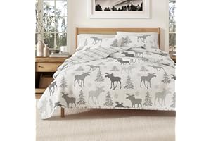 GREAT BAY HOME Lodge Bedspread Full/Queen Size Quilt with 2 Shams. Cabin 3-Piece Reversible All Season Quilt Set. Rustic Quilt Coverlet Bed Set. Wilderness Collection (Moose - Grey)