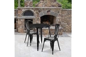 EMMA + OLIVER Commercial 30" Round Black Metal Indoor-Outdoor Table Set with 2 Cafe Chairs