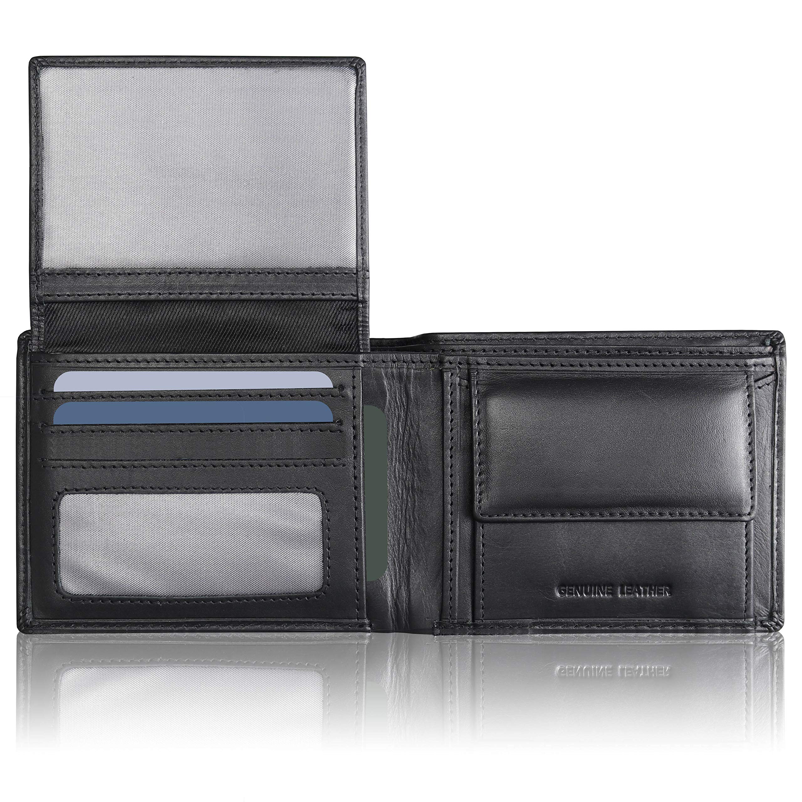 KORUMA RFID Wallet for Men, Black Leather Mens Wallets for up to 11 Cards, Coin Pocket, ID Window, Removable Credit Card Holder, Gifts for Him