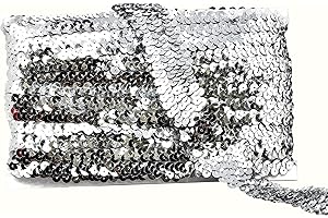 Mandala Crafts Elastic Sequin Ribbon Trim - 1 Inch Silver Sequin Elastic Trim for Sewing Dress Headband - 10 Yards Fabric Metallic Stretch Sequins Band