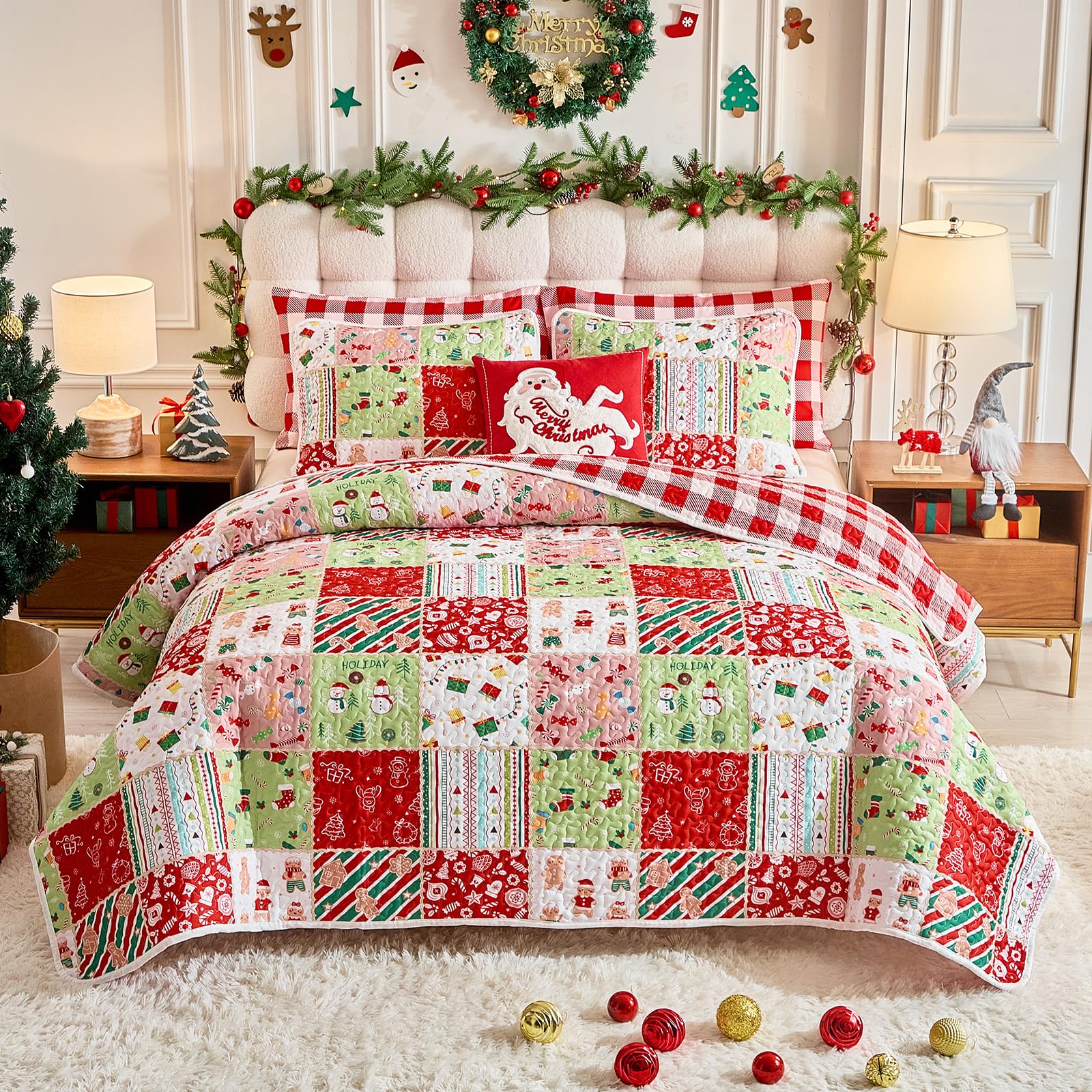 Photo 1 of Joyreap 3pcs Christmas Quilt Set Queen, Patchwork Colorful Grid Xmas Design, Soft Microfiber Bedspread Coverlet for All Season- 88x88 inches