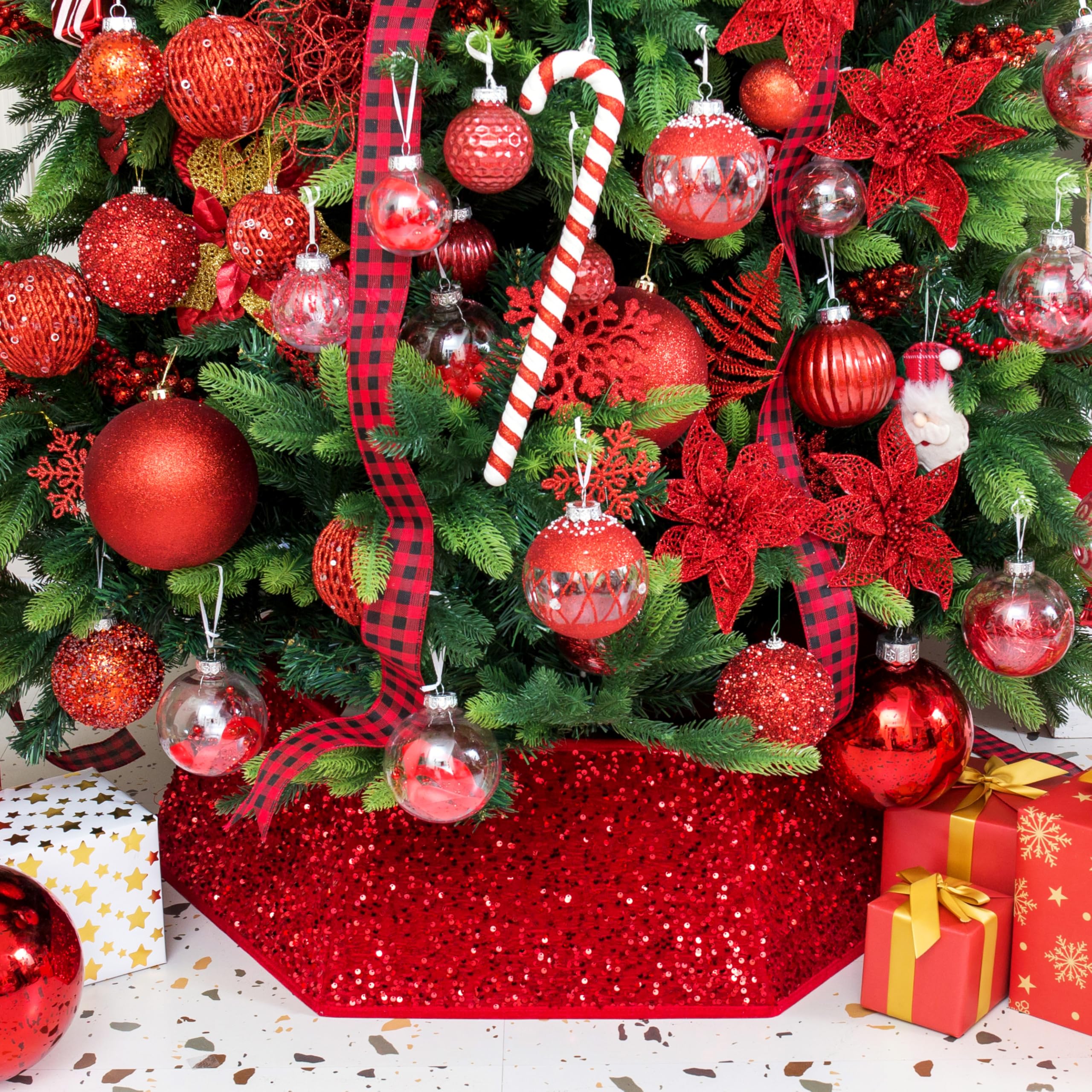 Photo 1 of XmasExp Christmas Tree Collar, 33.5 inch Sequin Tree Skirt Stand Base Cover for Home Decor, Large Size 6 Piece, Red