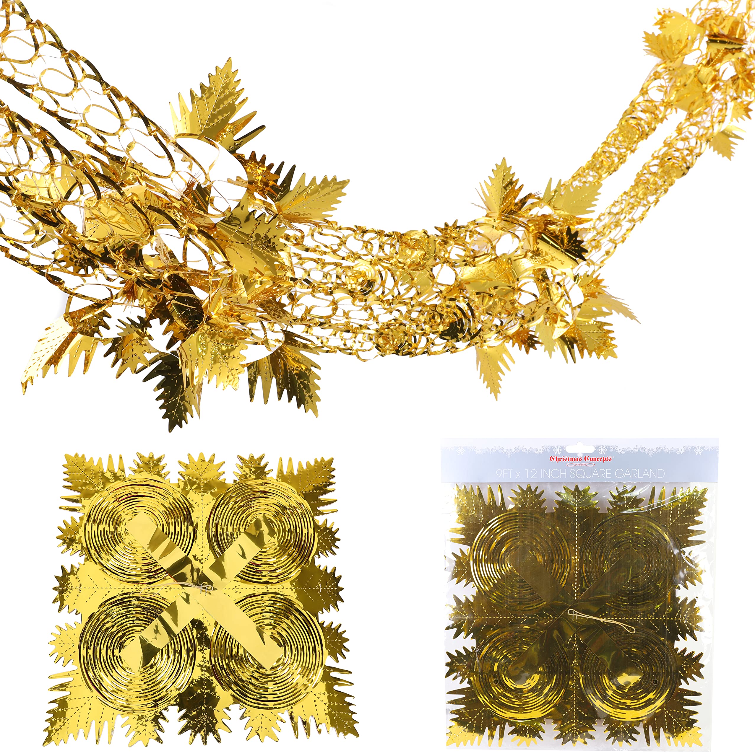 Christmas Concepts® 9ft x 1ft Large Square Foil Garland Festive Hanging Decoration – Christmas Trimming (Gold)
