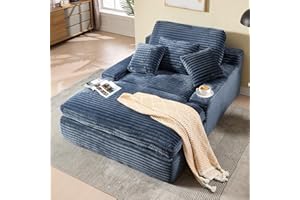 Cudalw Chaise Lounge Chair Indoor, 75" Oversized Reading Boneless Chair Corduroy Chaise Sofa Bed Upholstered Comfy Sleeper Couch with Throw Pillows and Armrests for Living Room, Blue