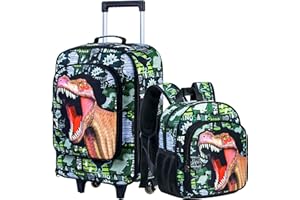 TXHVO 2PCS Kids Suitcase, Boys Carry on luggage With Wheels and 12" Backpack Set, Dinosaurs Suitcases for Toddler Children - Black