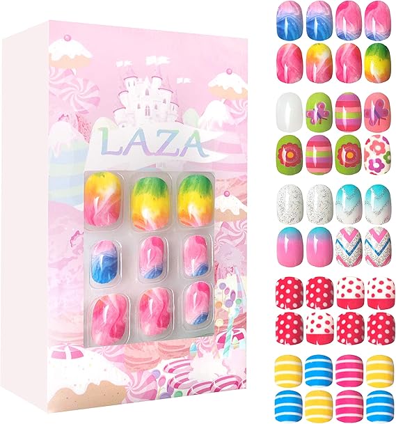 120 Pcs Children Nails Press On Kids False Nail Preglue Full Cover Colorful Rainbow Sparkling