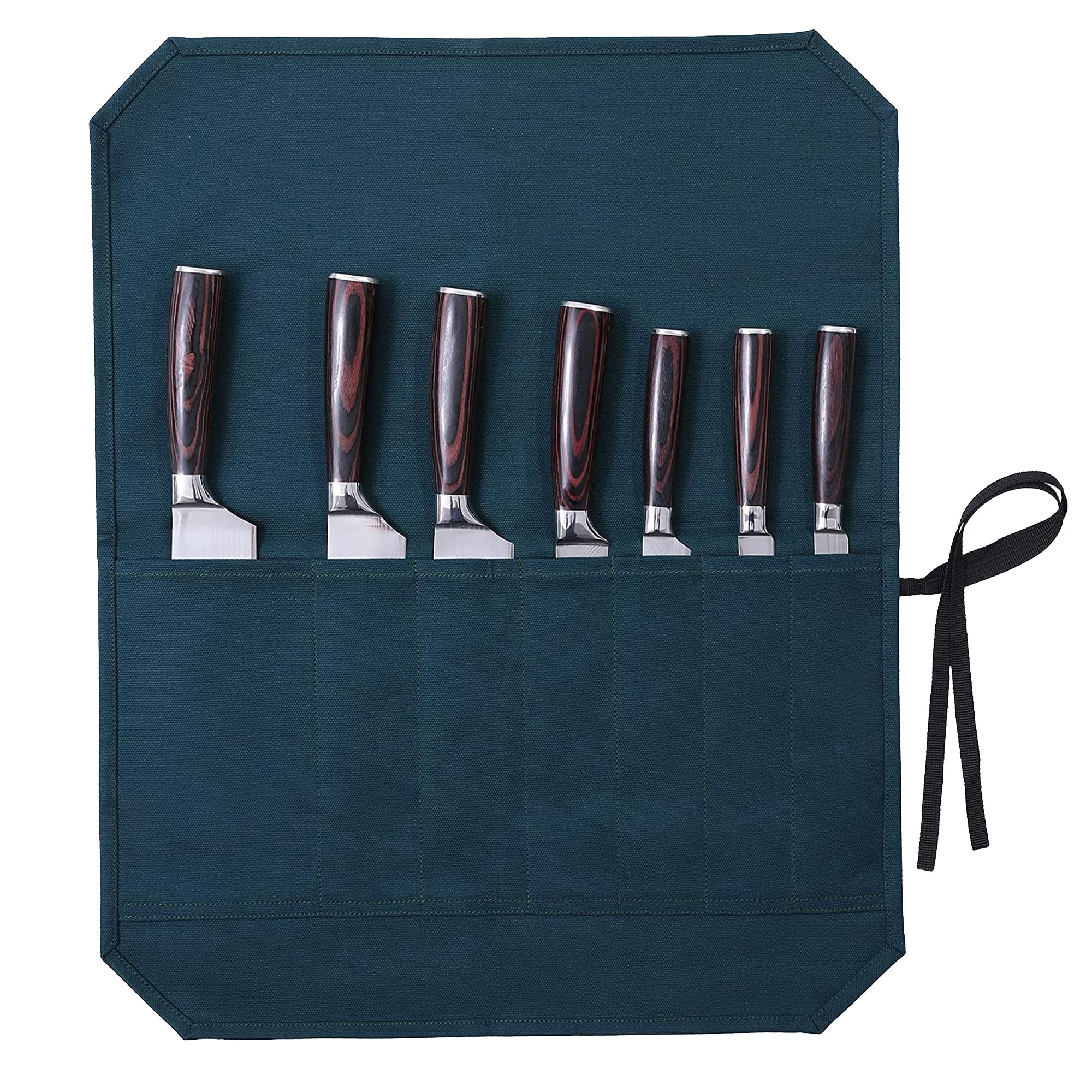 Kaaltisy Chefs Knife Roll Bags, 16oz Waxed Canvas Knife Holder (7 Slots & Tie Rope), Portable Knife Pouch for Home Kitchen Professional Chef Culinary School - Dark Green