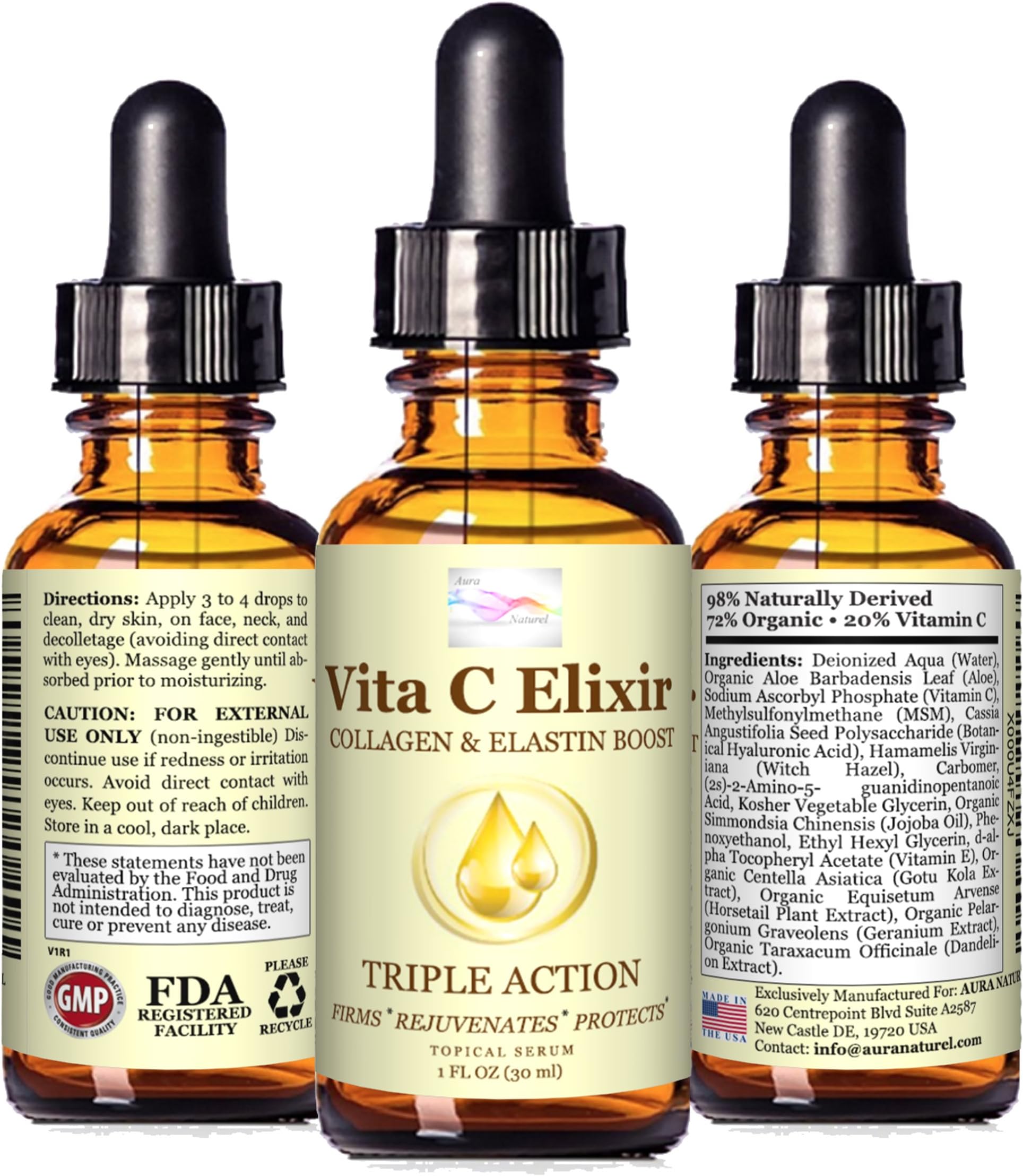 Aura Naturel 20% Vitamin C Serum with Botanical Hyaluronic Acid โ Organic Skin Care to Repair Skin Rehydrate Face and Neck โ Vitamin E and MSM Boost Collagen โ 98% Natural Ingredients โ 1fl oz