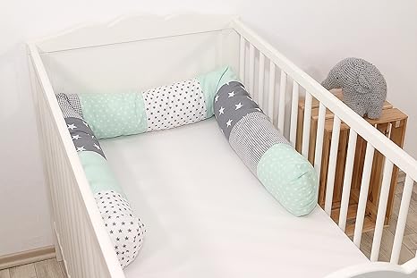 ULLENBOOM ® Bettschlange, Nestchenschlange Mint Grau (Baby Bettrolle 200x13 cm, ideal als Babybett Kantenschutz, Lagerungskis