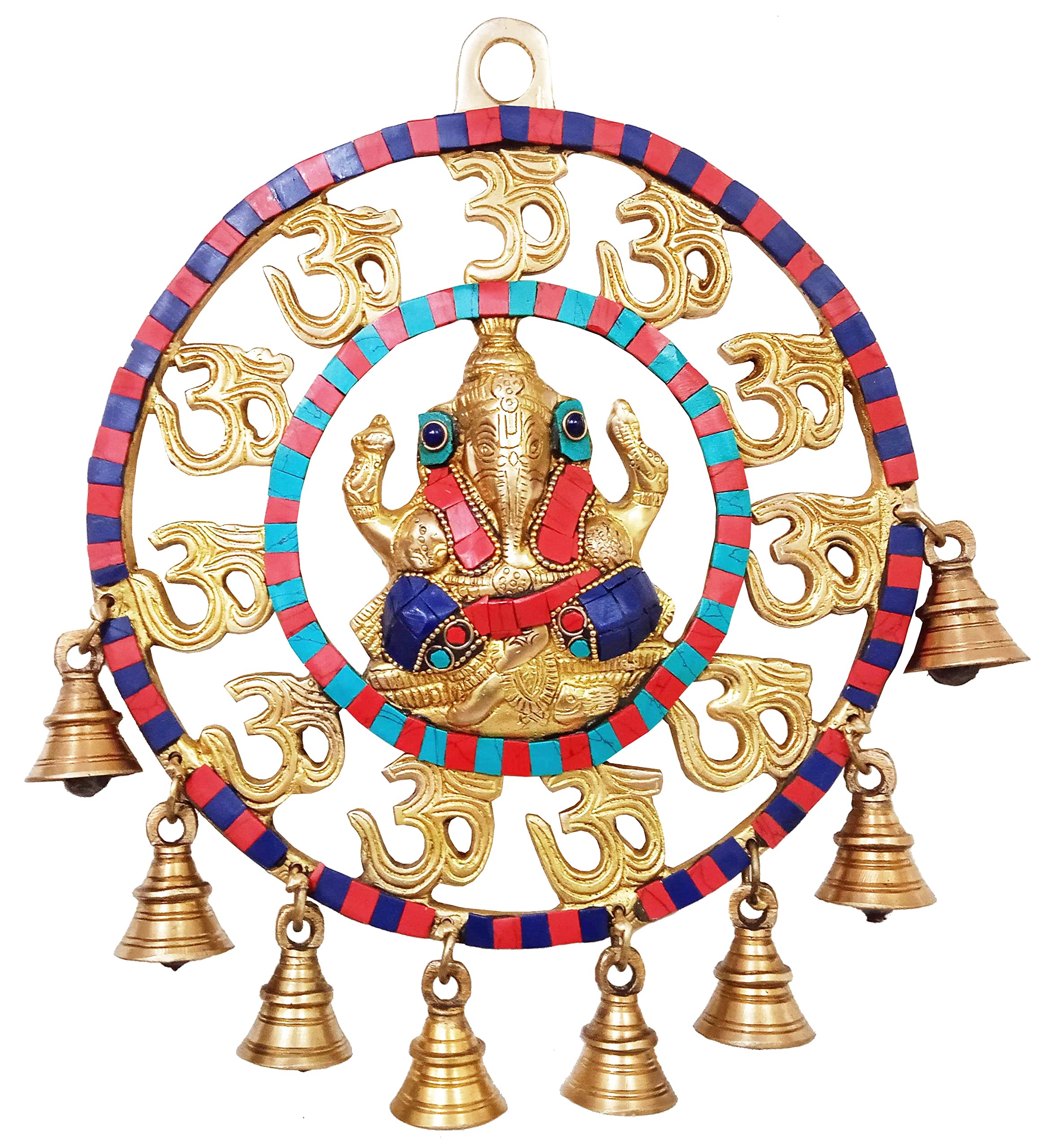 Purpledip Ganesha Om Wall Hanging: Pure Brass With Spectacular Gemstones And Bells (10945)