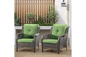 GARDENBEE Patio Wicker Chairs Set of 2, Patio Rattan Dining Chairs with 3.5-inch Seat Cushions, High Back and Curved Armrest for Garden, Backyard, Balcony and Deck, Green