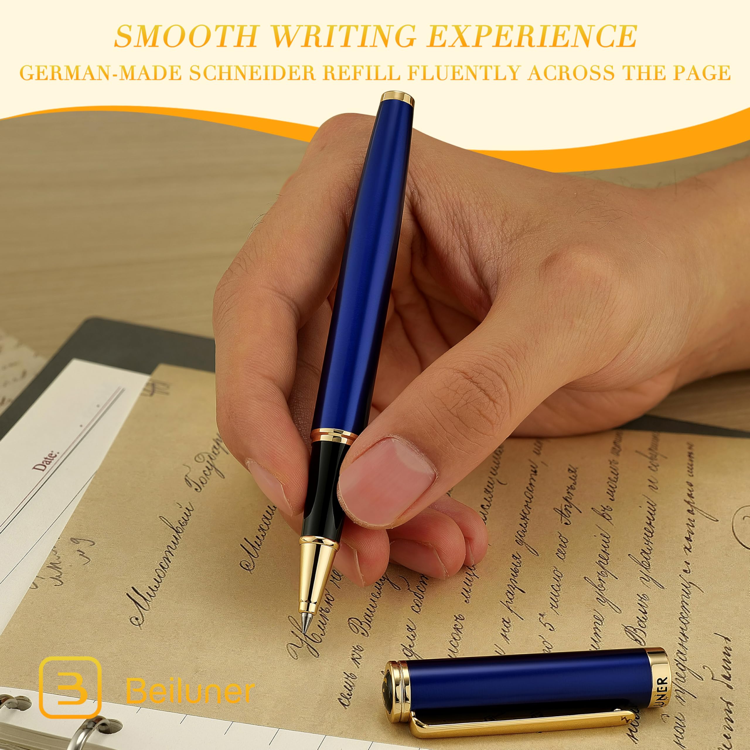 BEILUNER Hochwertiger Tintenroller mit Echtvergoldung - Professioneller Kugelschreiber mit schwarzer Schneider 850 Mine - Geschenkbox - Luxus Schreibgerät für Business & Geschenkanlässe(Blau) 7