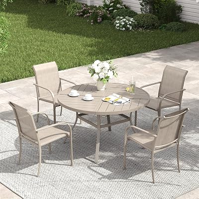 VICLLAX Patio Table and Chair Set of 4, All Weather Metal Round Outdoor Dining Furniture Set-40.6" Round Outdoor Table and Chairs, Sandshell Tabletop