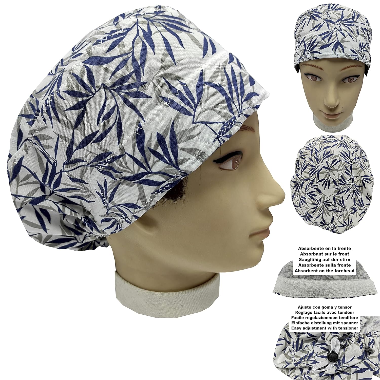 Scrub hat theatre cap TROPICAL LEAVES for long hair with sweatband and ajutable to your liking