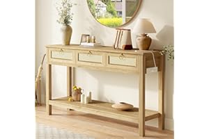 SUPERJARE Rattan Console Sofa Table with Outlets and USB-C Port, 3 Drawer Entryway Table with Synthetic Rattan Surface, Open Shelf, Behind Couch Entry Foyer Hallway Storage, Natural