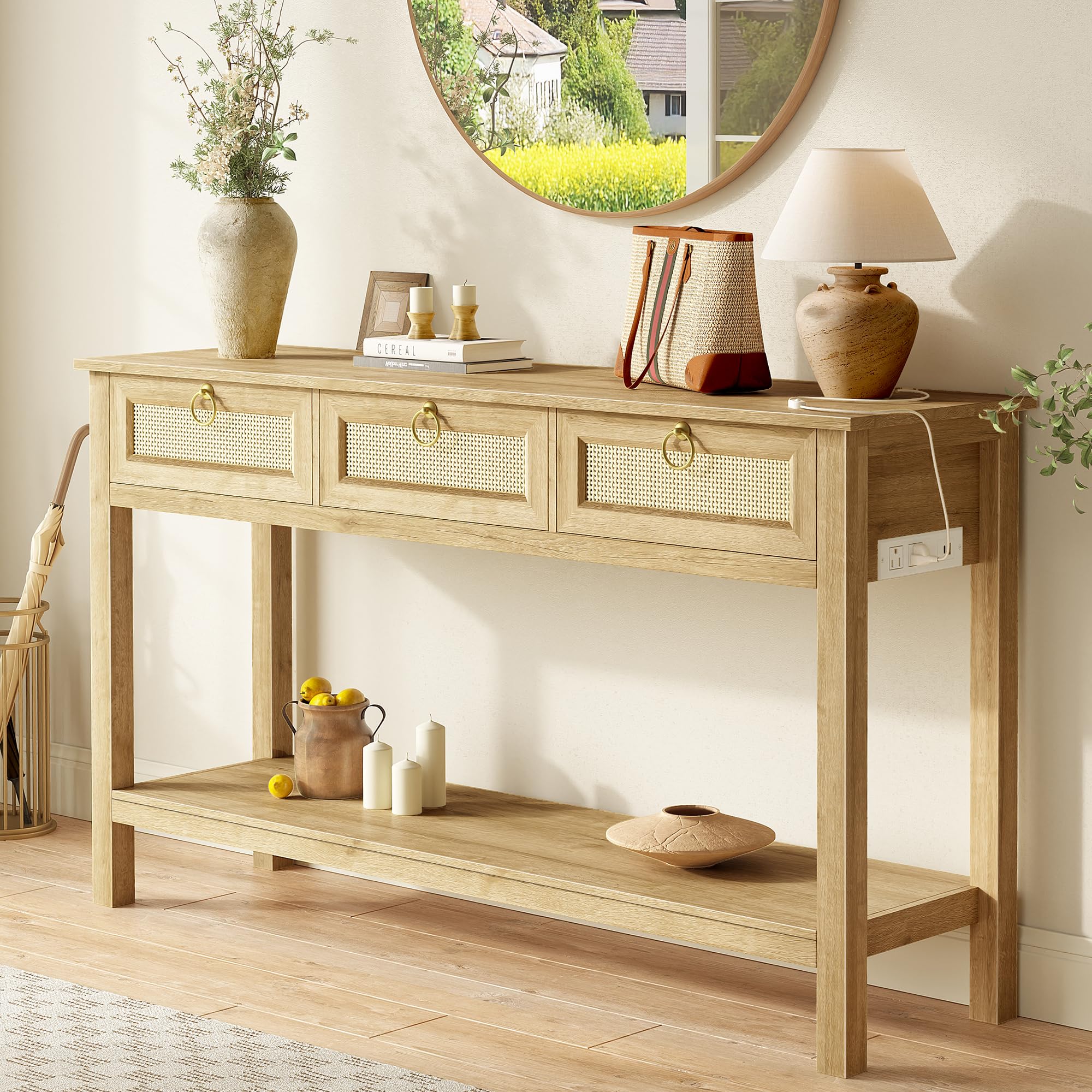 Photo 1 of ***FINAL SALE, NO RETURN**SUPERJARE Rattan Console Sofa Table with Outlets and USB-C Port, 3 Drawer Entryway Table with Synthetic Rattan Surface, Open Shelf, Behind Couch Entry Foyer Hallway Storage, Natural