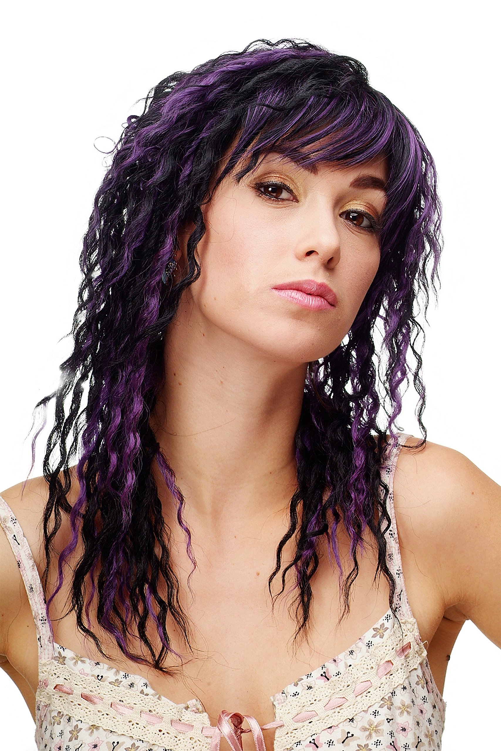 WIG ME UP - 81119-1-DF115 Lady Quality Wig long kinks kinked wetlook hair Caribbean black with purple streaks