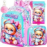KLFVB 3PCS Girls Bear Bookbag, Water Resistant Kids Backpack with Lunch Box, 16" Preschool Backpacks for Elementary - Bear Pink