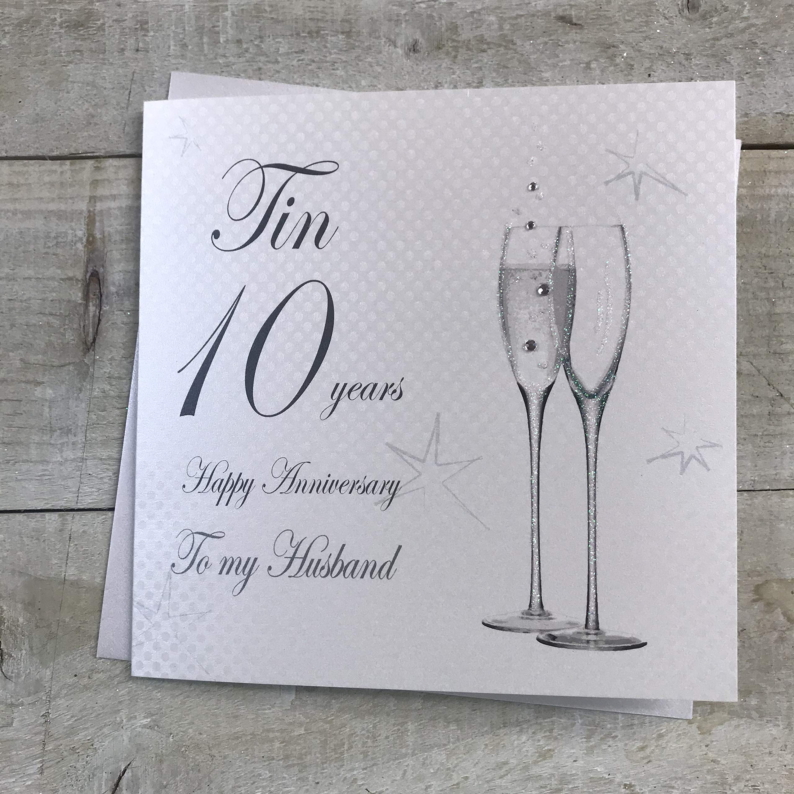 WHITE COTTON CARDS 10th Tin Wedding Anniversary to My Husband Handmade Card - Champagne Flutes BD110-H