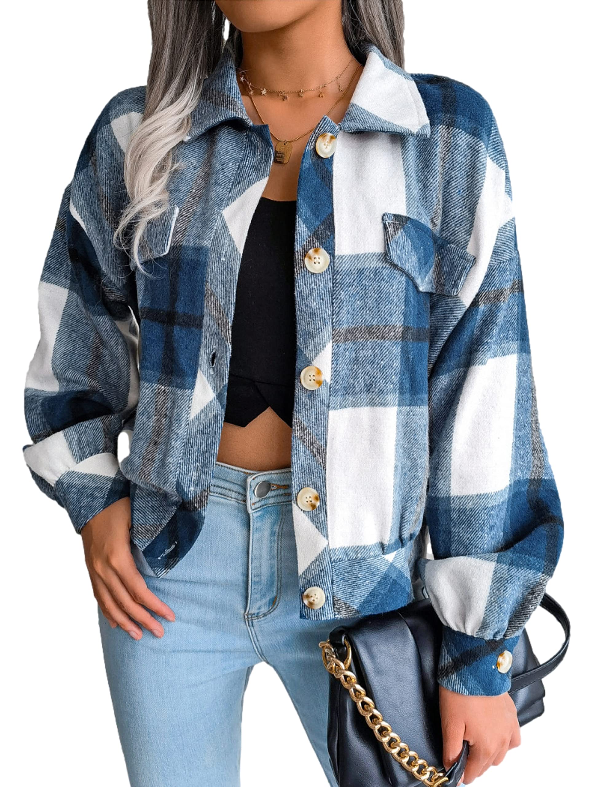 Photo 1 of Zontroldy Womens Blue Cropped Flannel Plaid Shacket Jacket Casual Wool Long Sleeve Button Down Crop Shirt Jackets Coat Tops(0156-BluePlaid-S)