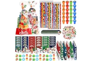 Lebsitey 218 Pcs Christmas School Stationery Party Favors Xmas Classroom Gift Prizes Bulk for Students Kids Notebooks Stickers Stamps Rulers Pencils Sharpener Erasers for Goodie Bag Fillers