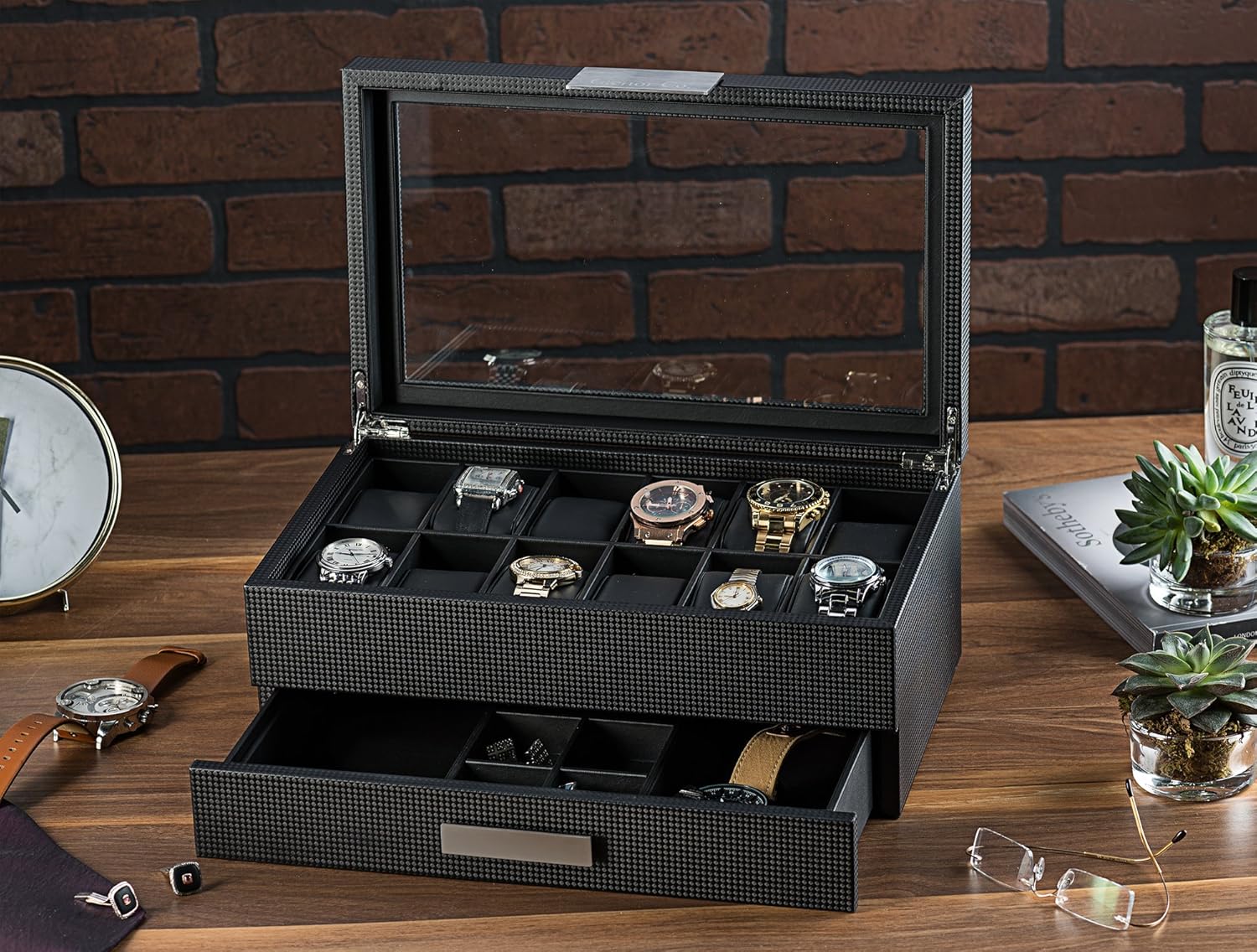 Glenor Co Watch Box with Valet Drawer for Men - 12 Slot Luxury Watch Case Display Organizer, Carbon Fiber Design - Metal Buckle for Mens Jewelry Watches, Men's Storage Boxes Holder has Large Glass Top: Home & Kitchen