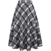 Long Plaid Wool Skirt for Womens Winter Fall Warm High Elastic Waist A line Flared Pleated Wool Tartan Skirts