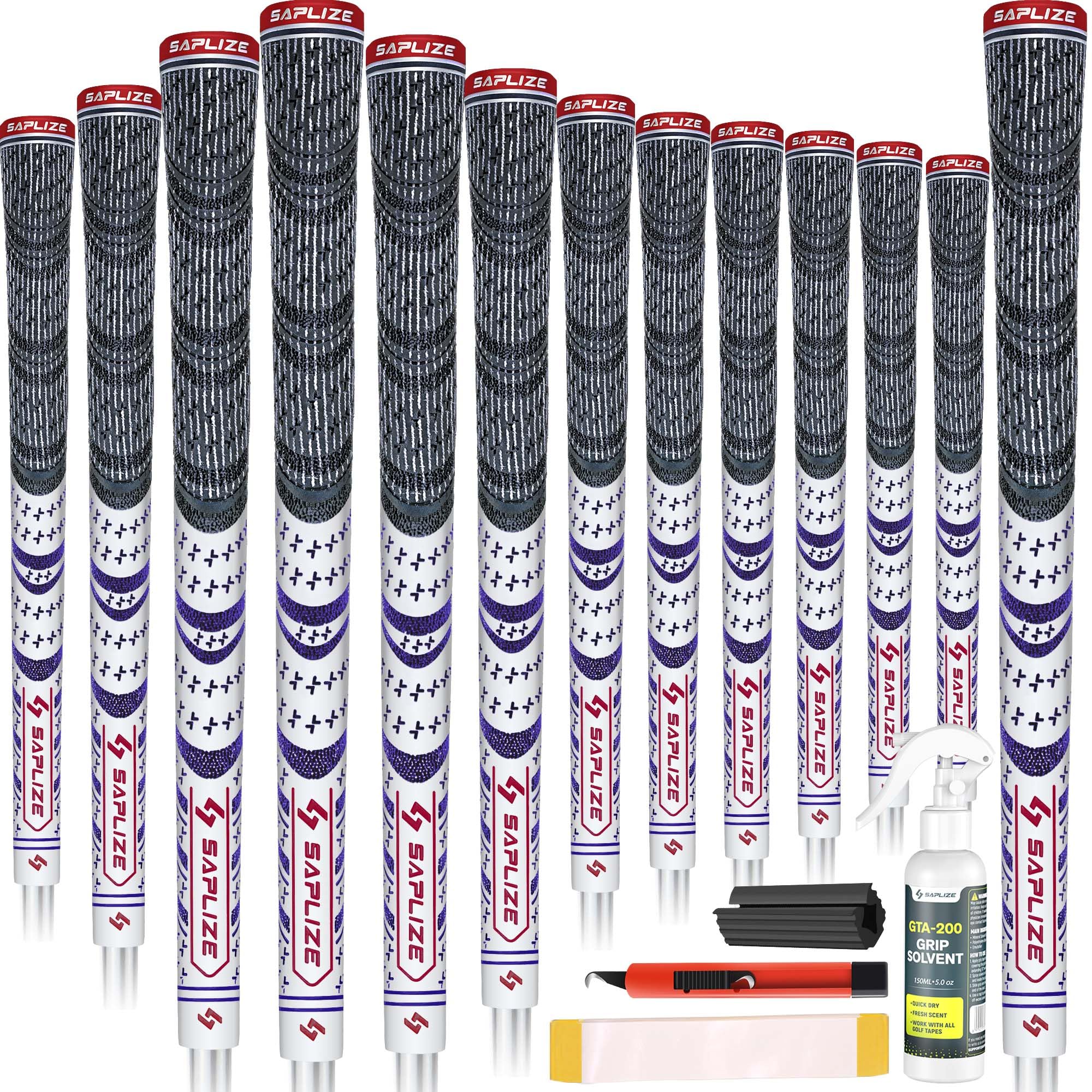 SAPLIZE Golf Grips 13 Piece with Complete Regripping Kit, Standard Size, Cord Rubber, Hybrid Golf Club Grips, White