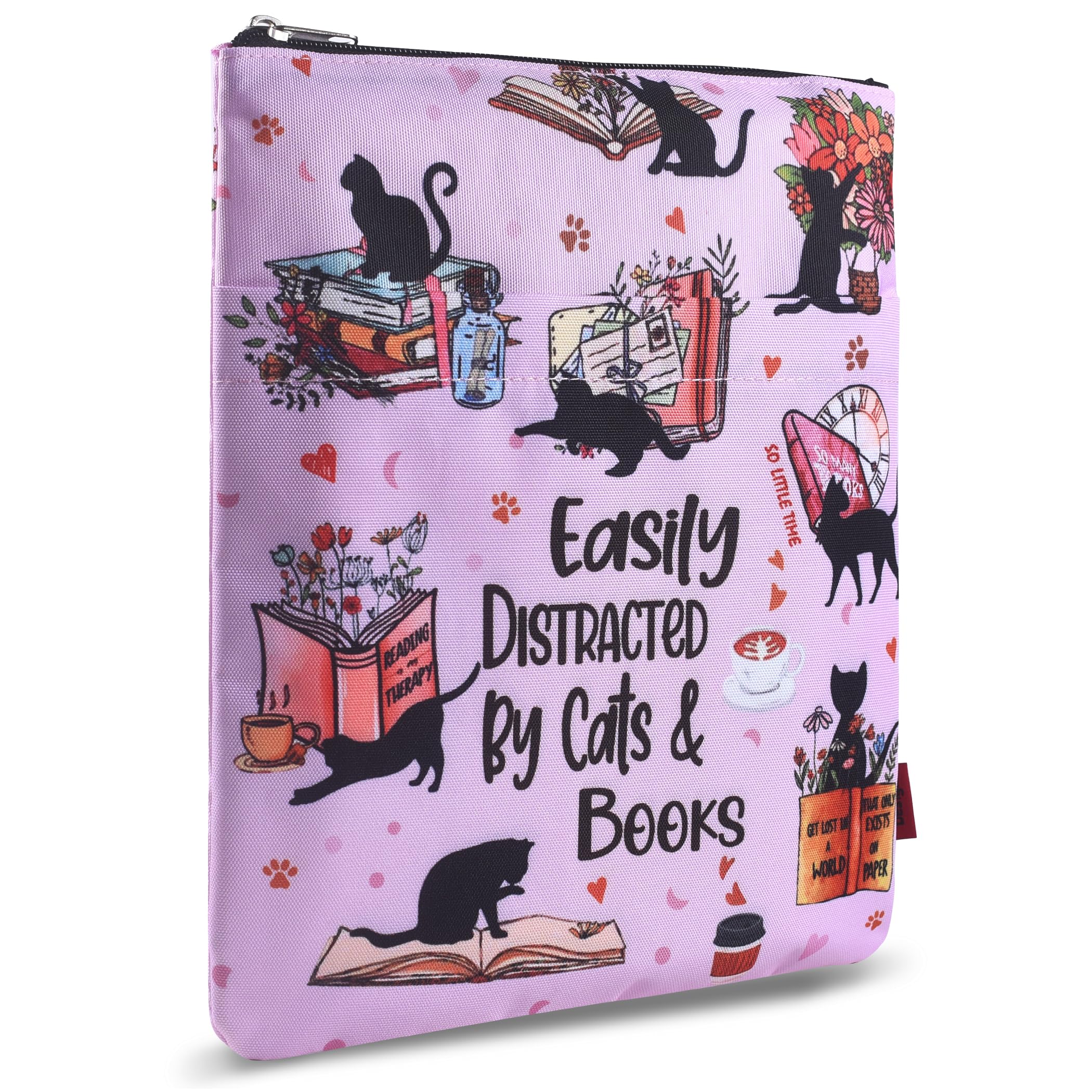 Cat Books Coffee Book Sleeves Protector, Cats Book Sleeve with Zipper, 11x8.5 Inch, Washable Fabric Book Covers for Book Lovers (Easily Distracted By Cats and Books) — image 1
