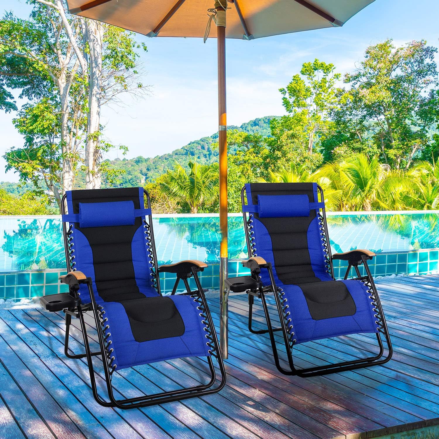 MFSTUDIO Oversized Zero Gravity Chair XL Patio Recliners Padded Folding Chair with Cup Holder, Extra Wide Chaise Lounge for Poolside Outdoor Yard Beach, Navy Blue : Garden & Outdoor