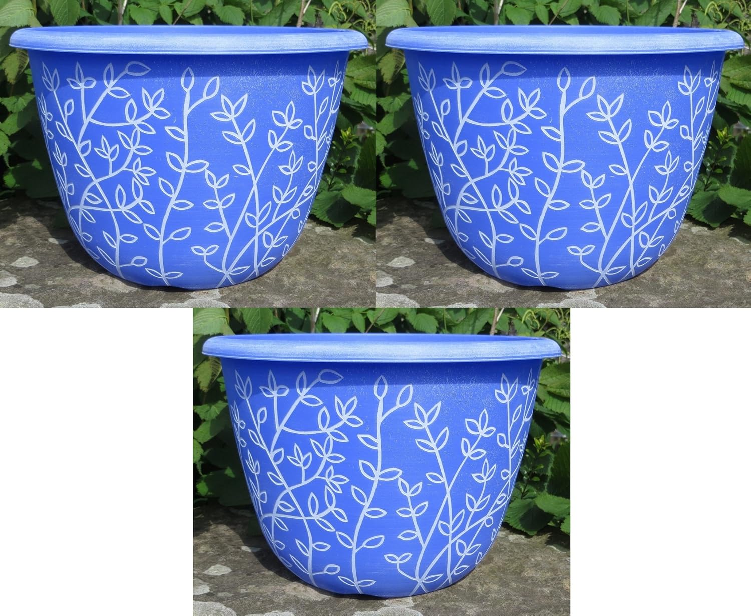 3 x 30cm Planters Round Plastic Garden Flower Plant Herb Pot Stone Lite