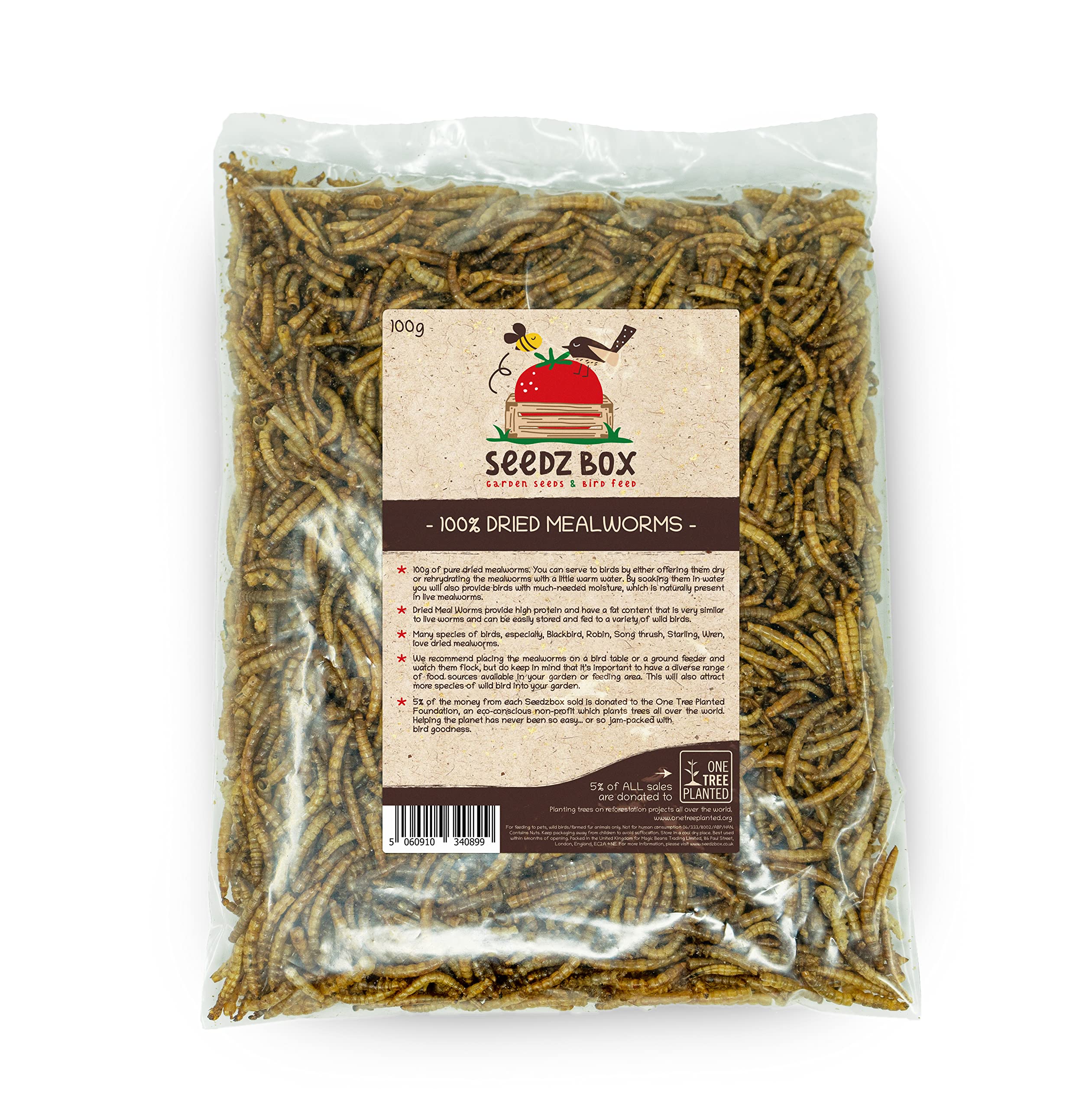 Dried Mealworms For Wild Birds 100g - High Protein Meal Worms For Garden Bird Feeders and Bird Tables - Seedzbox - Donation to OneTreePlanted