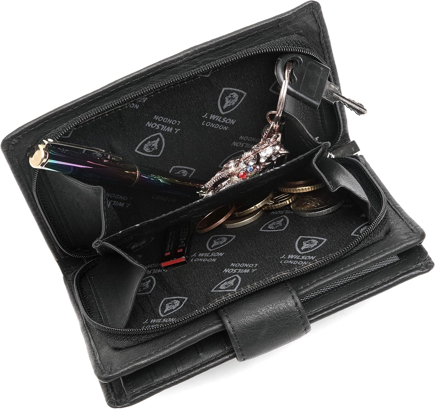 J. Wilson London Ladies RFID Safe Designer Leather Purse Card Women Wallet Zip Pocket Boxed, Black - Image 5