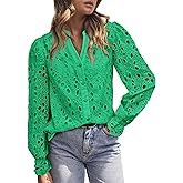 MASCOMODA Womens Tops Dressy Casual Fall Puff Long Sleeve Eyelet Button Shirts V Neck Lace Embroidered Hollow Out Work Blouse