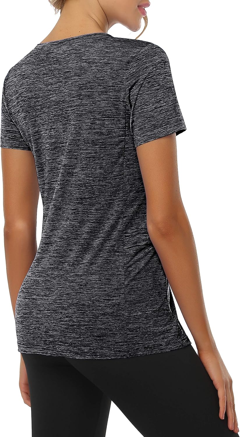 Women's V Neck Workout Top with Pocket Short Sleeve Dry Fit Active Running Hiking Shirt: Clothing