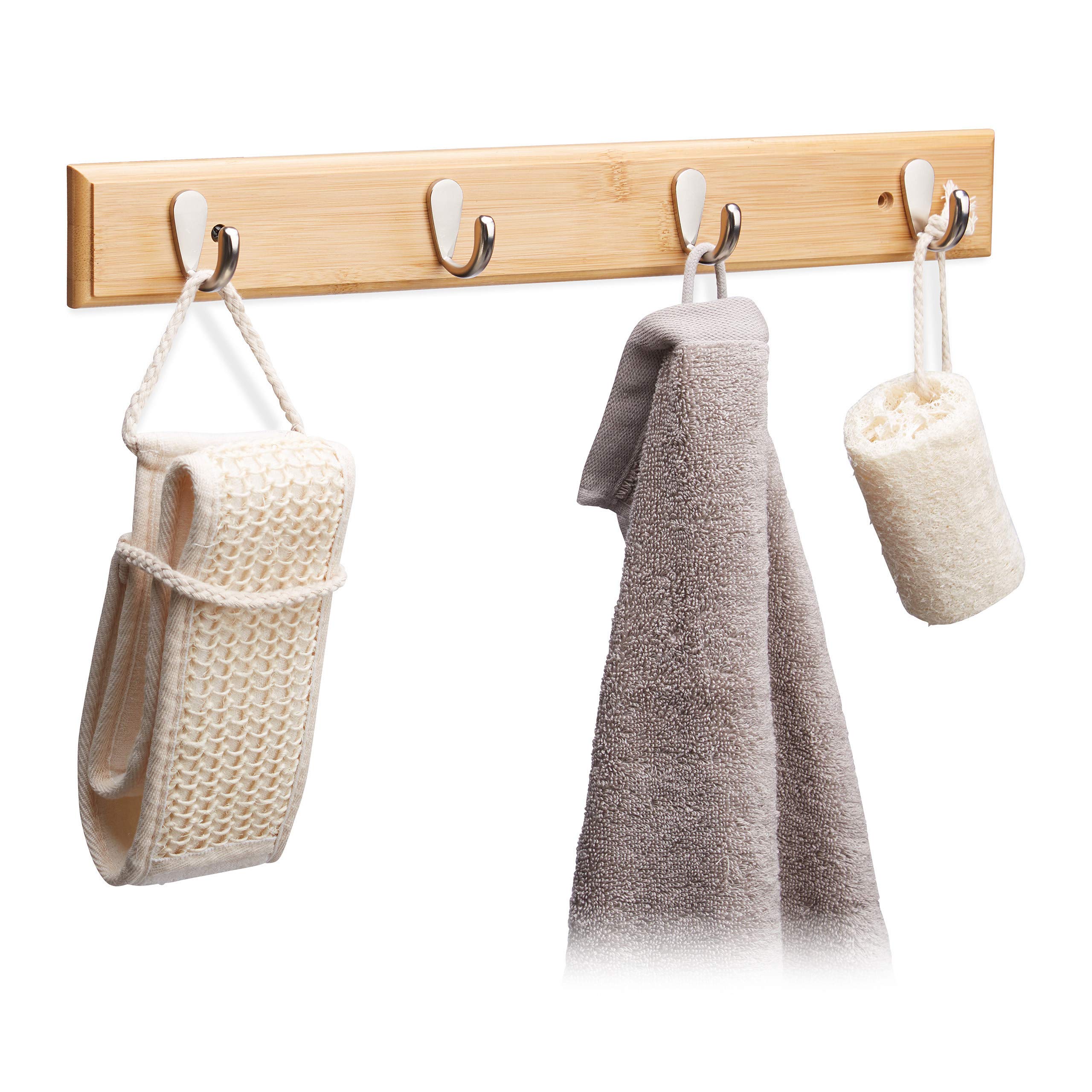 Relaxdays Bamboo Wall Hook Bar, Natural Grain, Metal Hooks, Hallway Coat Rack, Towel Holder, 4 Hooks, HWD: 6x48.5x5cm, Natural