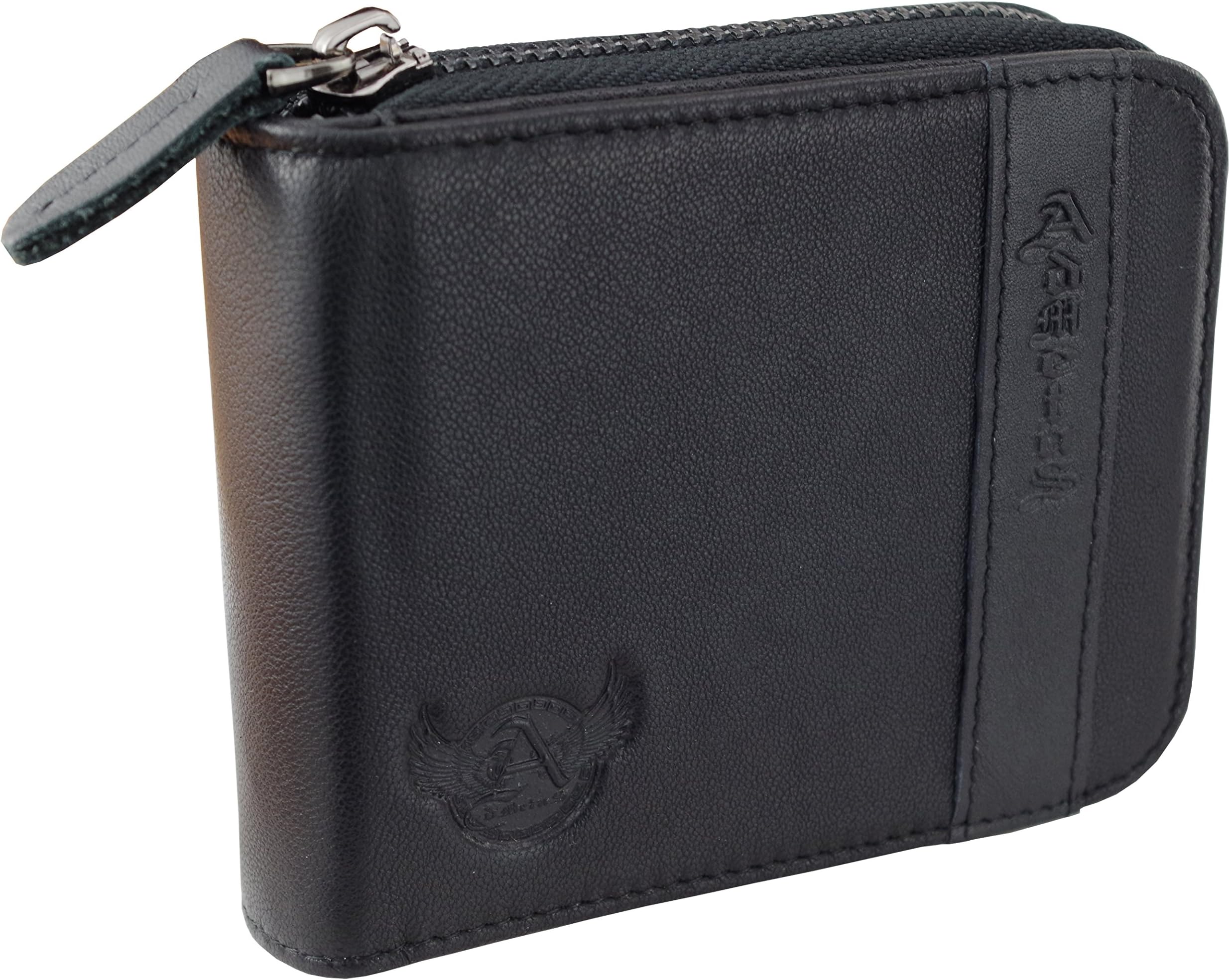 Admetus® Man's Gift Credit Card ID Wallet Zip Clutch Money clip 100% Cowhide Black
