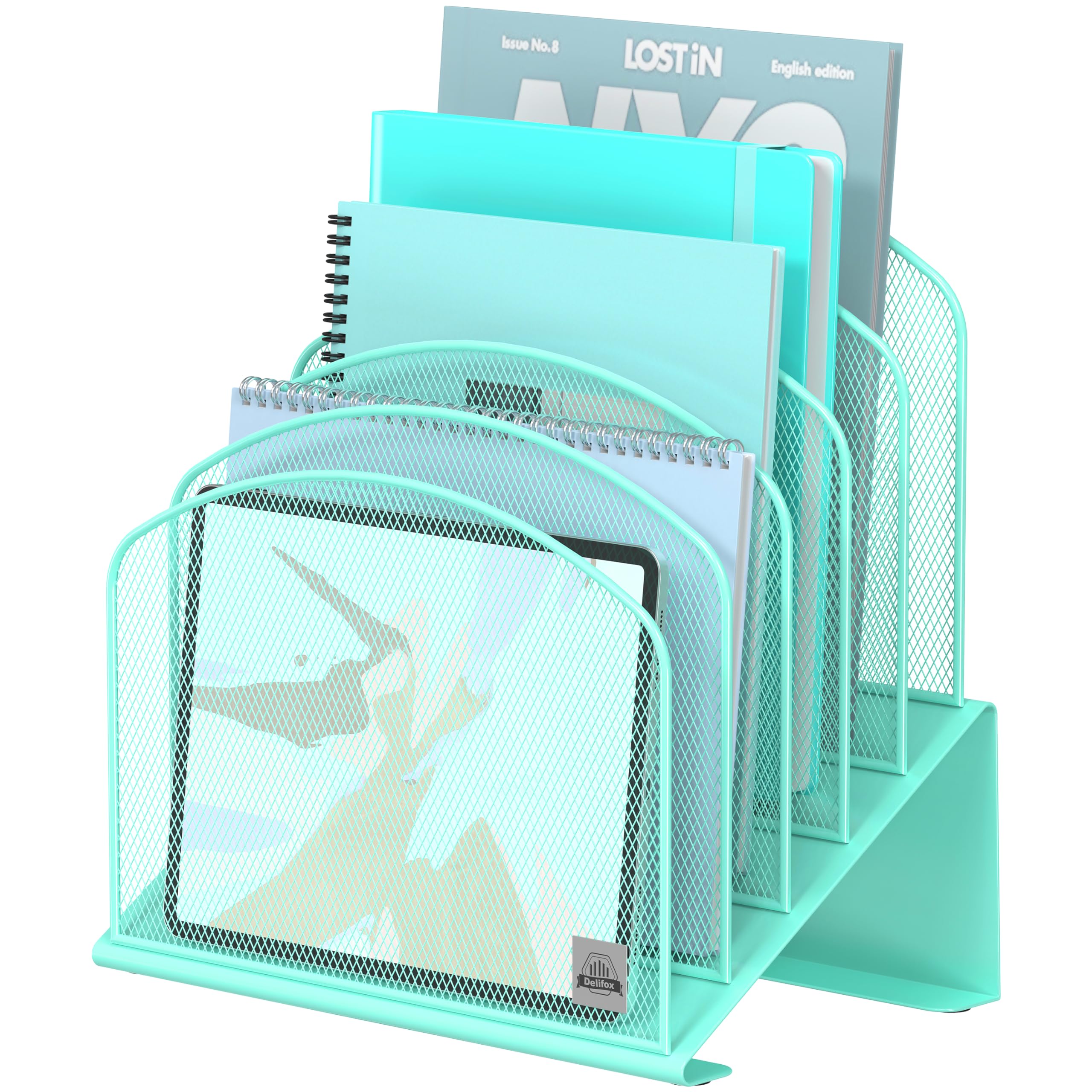 Photo 1 of Delifox Inclined Desk File Organizer, 5-Section Vertical File Folder Holder Stand Metal Rack File Sorter for Office Classroom Desktop Organization