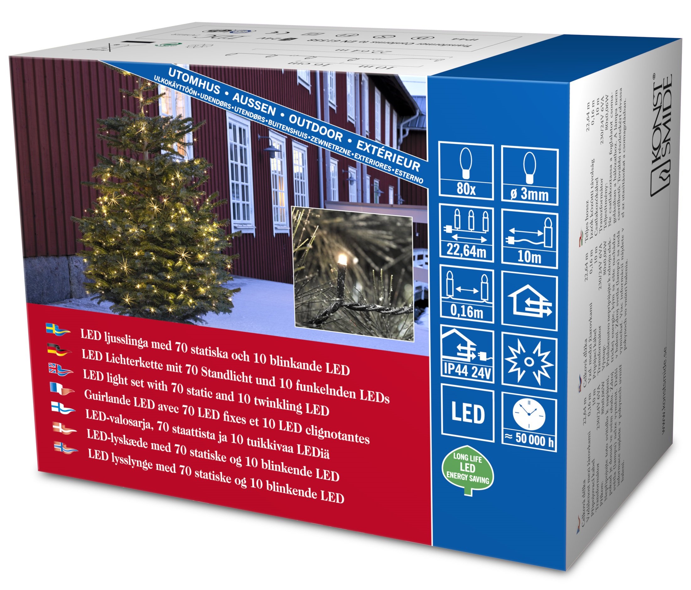 Konstsmide Christmas Lights/LED Fairy Lights Shimmering/Christmas Tree Lights Outdoor or Indoor (IP44)/24V Transformer Plug In/70 Ice White Diodes and 10 Twinkling/Black Cable String Lights 3611-140