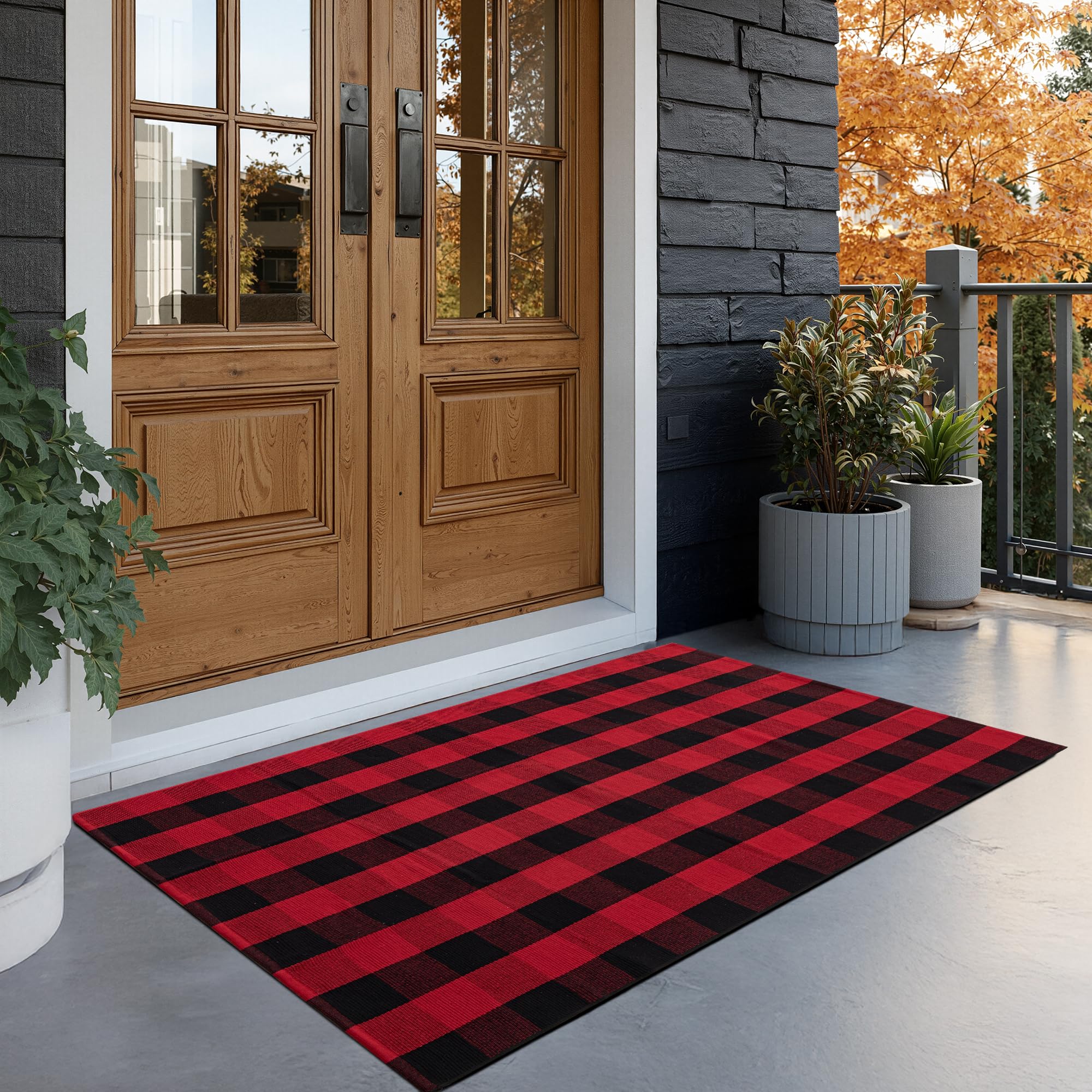 joybest Buffalo Plaid Rug 3 x 5 ft Black and Red Checkered Area Rug Cotton Hand-Woven Indoor Outdoor Rugs Carpet for Patio, Living Room, Dining Room, Bedroom Image