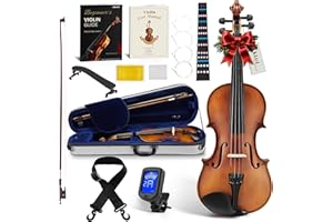 AKLOT Handcrafted Full Size Violin: Solid Wood Matte Fiddle, Acoustic Beginner 4/4 Violin Kit with Hard Case, Lesson Book, Bow, Shoulder Rest, Extra Strings, Tuner, Fretboard Stickers (VRT-AmiMS)