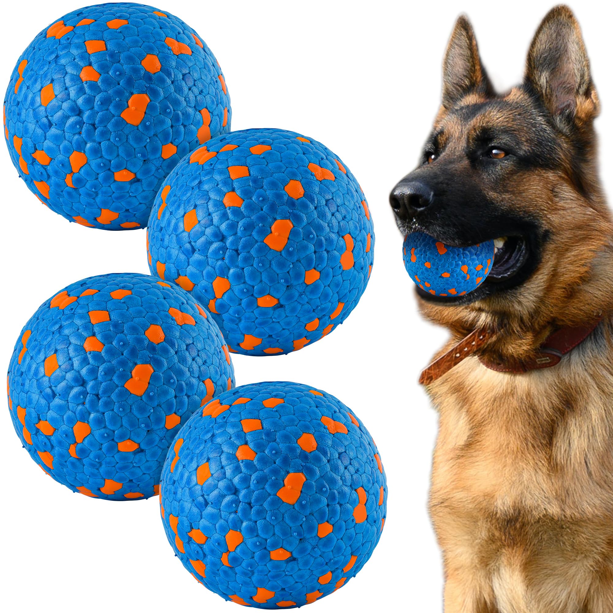 SUNNEKO Dog Balls for Large Medium Small Dogs, Bouncy Tennis Ball for Aggressive Chewers, Durable Water Toy for All Life Stages, Labrador, Bulldog, German Shepherd, Blue (4 Balls)