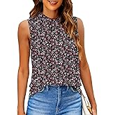 SimpleFun Womens Tank Tops Ruffle High Neck Pleated Summer Blouses Floral Sleeveless Shirt