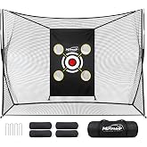 Golf Practice Net 10x7FT for Real Golf Balls, Heavy Duty Backyard Garage Indoor Outdoor Hitting Net with Quiet 4-Pocket Target Cloth, 4 Empty Sandbags, U-Shaped Stakes and Carry Bag
