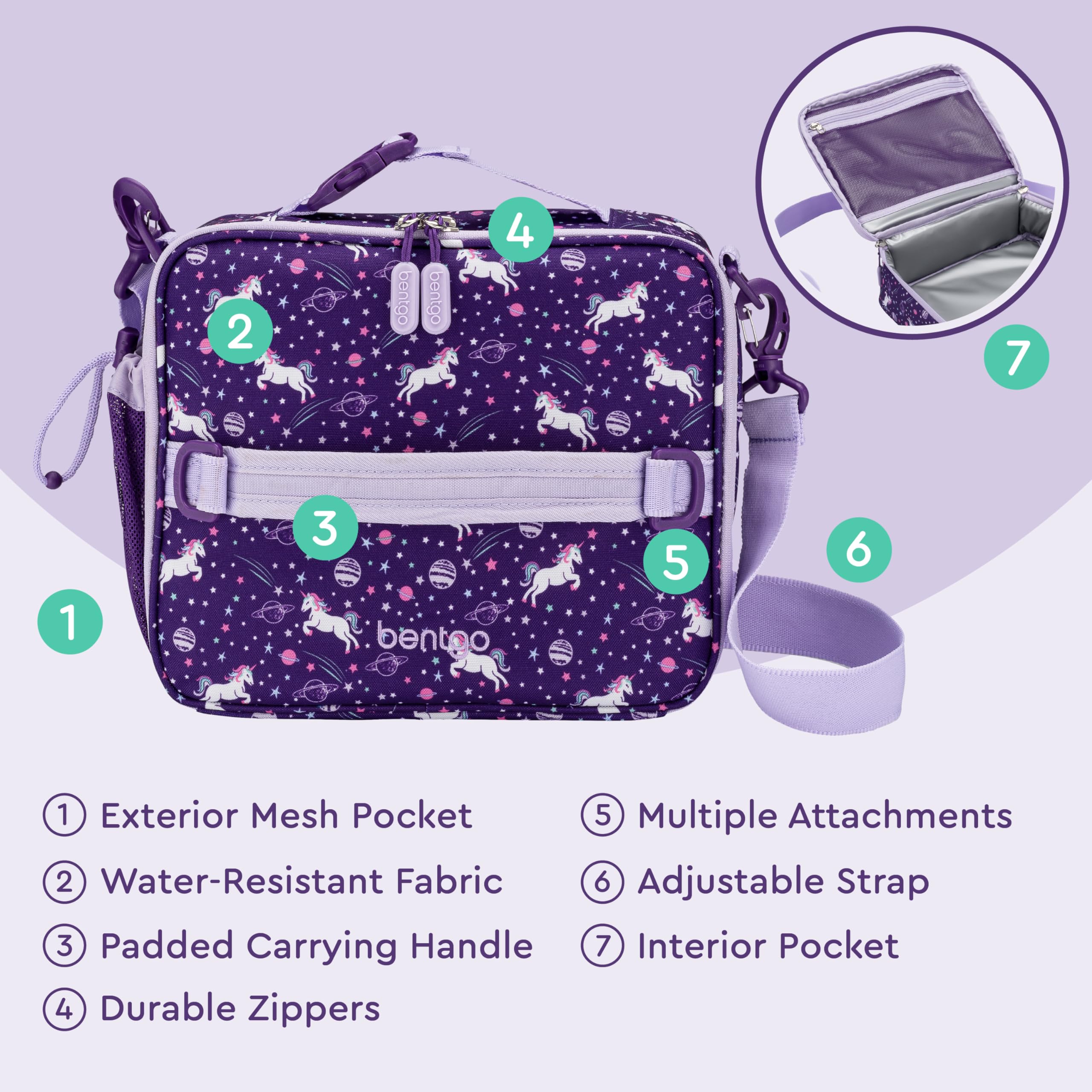 Bentgo Kids Lunch Bag - Durable, Double-Insulated Lunch Bag for Kids 3+; Holds Lunch Box, Water Bottle, & Snacks; Easy-Clean Water-Resistant Fabric & Multiple Zippered Pockets (Unicorn)